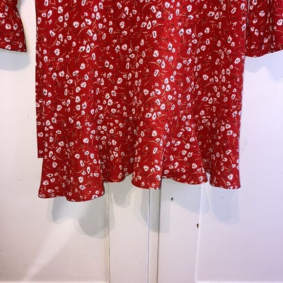 Women’s Red Floral Mock Wrap Knee Length Long Sleeve Lightweight Dress Size L - Picture 7 of 7